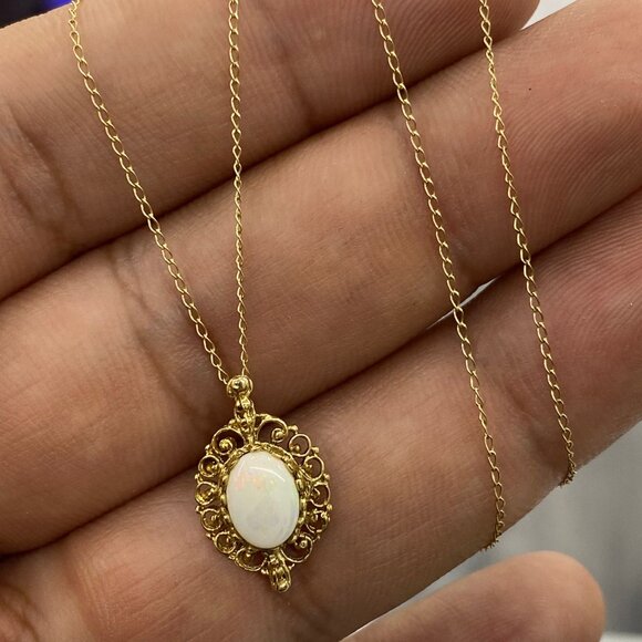 14K Yellow Gold Authentic Necklace Nice White Stone Opal Pearl 15" Cable Link - Picture 6 of 7
